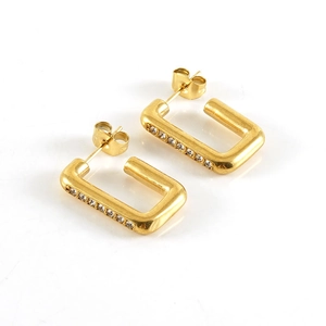 Minimalist 18K gold plated stainless steel U-shaped hoop earrings with clear diamonds