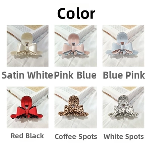 Detailed color options of bow claw clips in satin, bicolor, and spotted acetate finishes