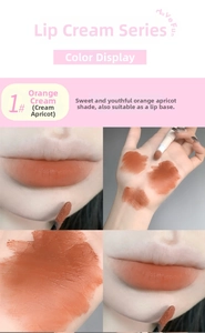 Matte lip mud texture and multi-shade swatches in apricot orange for lip makeup