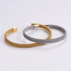 Adjustable 18k gold and silver plated stainless steel mesh open cuff bracelet