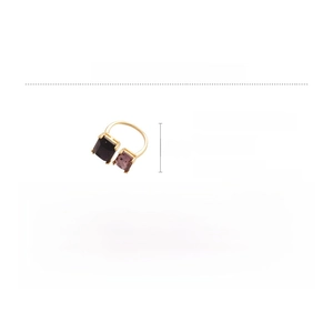 Detail view of open geometric copper ring with purple rhinestones and product dimensions