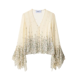 Chemisier Femme en Mousseline de Soie à Col en V Imprimé Floral Vintage Élégant Manches Évasées Crème Plissé Top Bohème
