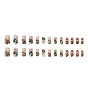 24pcs Fall-themed square oval press-on nails with maple leaf art and subtle gold glitter