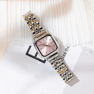 Elegant square silver watch for women with pink sunray dial and steel link bracelet