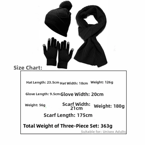 Size chart for 3-piece winter set including knit hat, gloves, and scarf dimensions