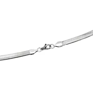 Macro shot of silver titanium steel flat snake chain necklace with lobster clasp closure
