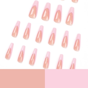 Long coffin press-on nails featuring a pink gradient and shimmering French glitter design