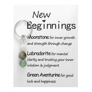 Detail of stone keychain with Moonstone, Labradorite, and Green Aventurine on a card
