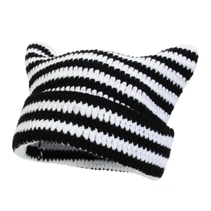 Cute knitted cat ear beanie featuring classic black and white horizontal stripes style