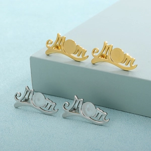 Stainless steel Mom letter earrings in gold and silver finish with gemstone settings