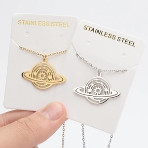 Minimalist stainless steel saturn planet pendant necklace in gold and silver finish