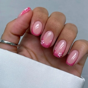 French Press On Nails Pink Glitter White Flower Pattern Square Round Medium Length False Nails For Women