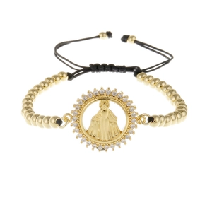 Adjustable gold plated Virgin Mary bracelet with white zircon and copper beads