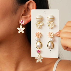 Flower Faux Artificial Pearl Dangle Stud Earrings Alloy Rhinestone Enamel Floral Vintage Elegant For Women With Silver Earring Post