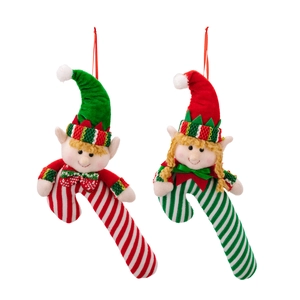 Pair of Christmas elf plush candy cane ornaments in red, green, and white festive colors