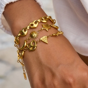 Elegant gold-tone stainless steel heart charm bracelet set for women layering style