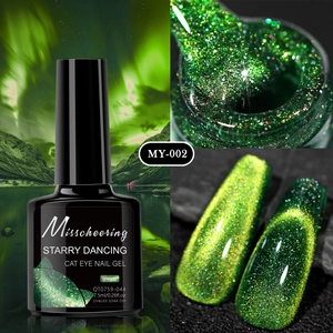Detailed macro view of Misscheering MY-002 galaxy cat eye nail gel in aurora green