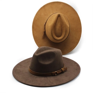 Faux suede wide brim fedora hats in brown and camel tones with stylish leather band