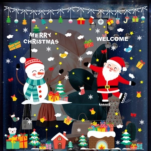 Christmas window stickers featuring Santa, snowman, and tree for holiday shop decoration