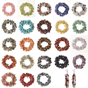 Detailed macro view of 22 styles of natural crushed stone bracelets and earrings in a grid