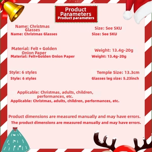 Christmas party glasses size chart with felt and glitter material details for holidays