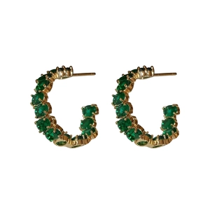 Orecchini a cerchio dorati a forma di C con strass verde smeraldo lucidi da donna