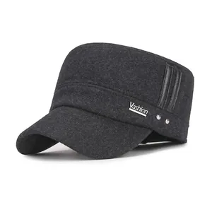 Cadet Cap Men Winter Warm Woolen Flat Top Hat With Earflaps Adjustable Windproof Military Style Outdoor Accessory