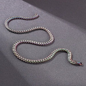 Detailed view of rainbow electroplated Cuban link chain with a secure lobster clasp