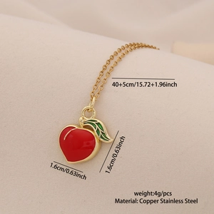 Detailed view of red peach pendant necklace with dimensions and material specifications