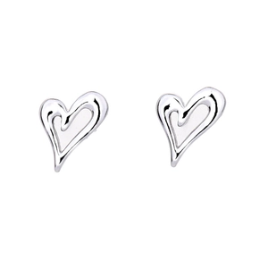 Minimalist silver heart stud earrings with a polished finish and asymmetric hollow design