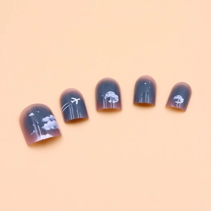 Detail of short press-on nails featuring dark blue sunset gradient and clouds with airplane