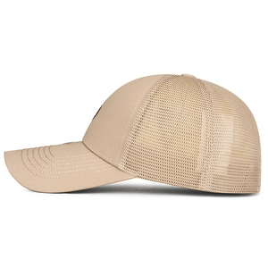 Khaki mesh trucker cap featuring breathable side panel and curved brim on white background
