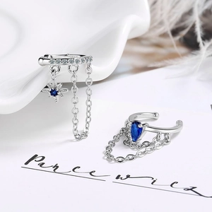 Manchette d'oreille double chaîne en argent avec gouttes bleues et étoile en zircon