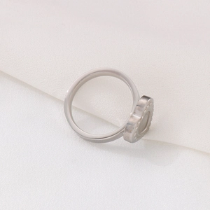 Minimalist silver stainless steel heart ring with beaded edge and pearl center