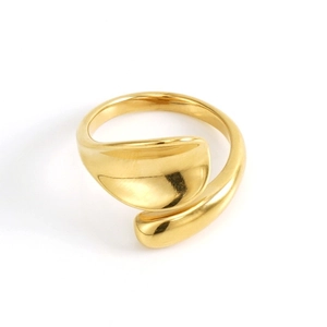 Polished 18k gold plated stainless steel open ring with fluid leaf design