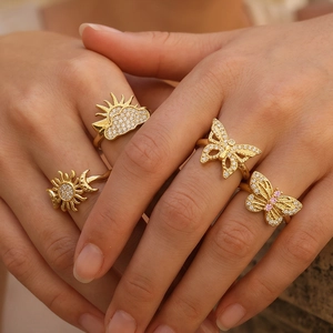 Butterfly Sun Moon Cloud Open Rings Copper Gold Plated Zircon Adjustable Fashion Jewelry For Women Elegant Stylish