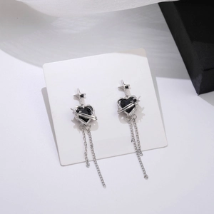 S925 silver long tassel earrings with black heart and star charms on display card
