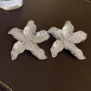 Detailed view of silver flower earrings with textured brushed metal and dot finish