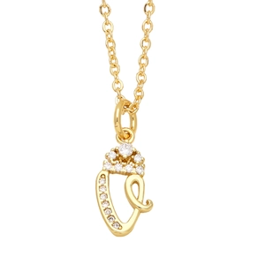 Macro detail of gold lowercase initial necklace with sparkling crystal rhinestones