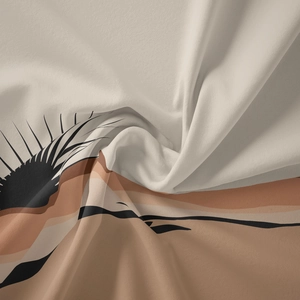 Detail view of abstract bohemian wall tapestry with soft terracotta and beige flowy patterns