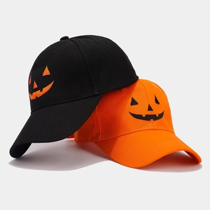 Halloween pumpkin embroidered baseball caps in black and orange cotton twill fabric