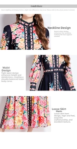 Detailed view of floral print dress featuring stand collar and buttoned waist belt