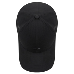 Black quick-dry sports baseball cap with breathable mesh side panels and SPORT embroidery