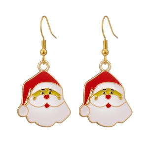 Festive Santa Claus head dangle earrings in red and white enamel with gold metal finish