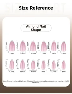 Detailed size chart for almond French tip press-on nails with 12 specific dimensions