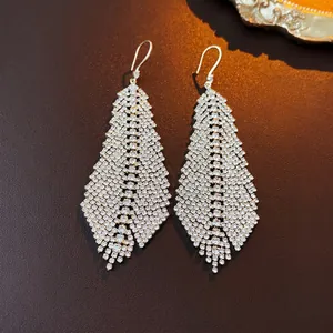 Luxury rhinestone feather leaf tassel drop earrings with sparkling silver finish for women