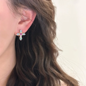 Cross earrings featuring vibrant multi-colored gemstones and a refined gold plated finish