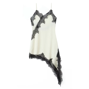 Elegant white satin slip dress with asymmetrical black lace hem and spaghetti straps