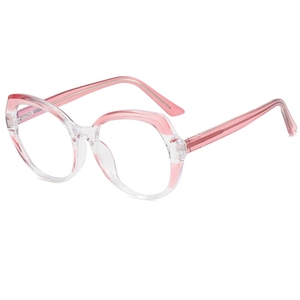 Pink and transparent polygonal TR90 anti-blue light glasses frame at a 45-degree angle