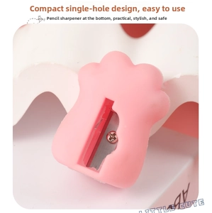 Macro view of the pink cat paw pencil sharpener showing the bottom blade and hole